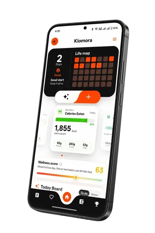 Kiomora Home dashboard with Life Map, Today Board, and Wellness Score