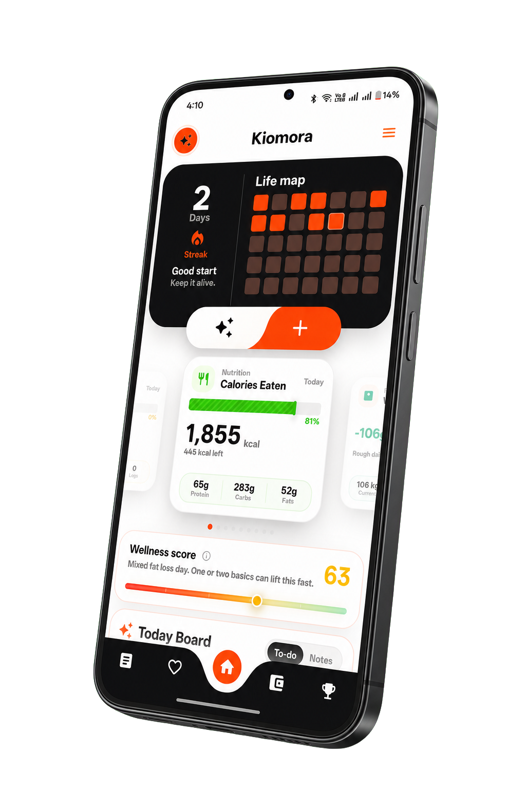 Kiomora Home Screen - Life map, calories, wellness score