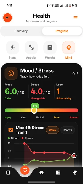 Mood and Wellness Tracker screen in Kiomora