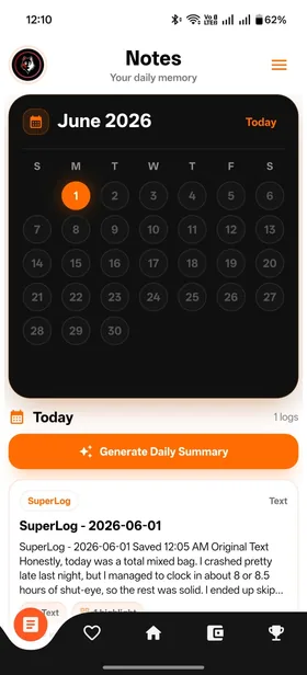 Daily Notes System screen in Kiomora